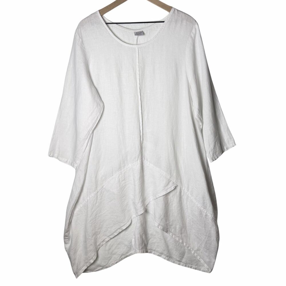 Et’Lois White 100% Linen Dress USA Asymmetrical Hem Pockets Beach Women’s XL